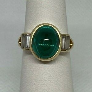 Ladies Synthetic Cabochon Emerald and White Sapphire 14k YG Ring